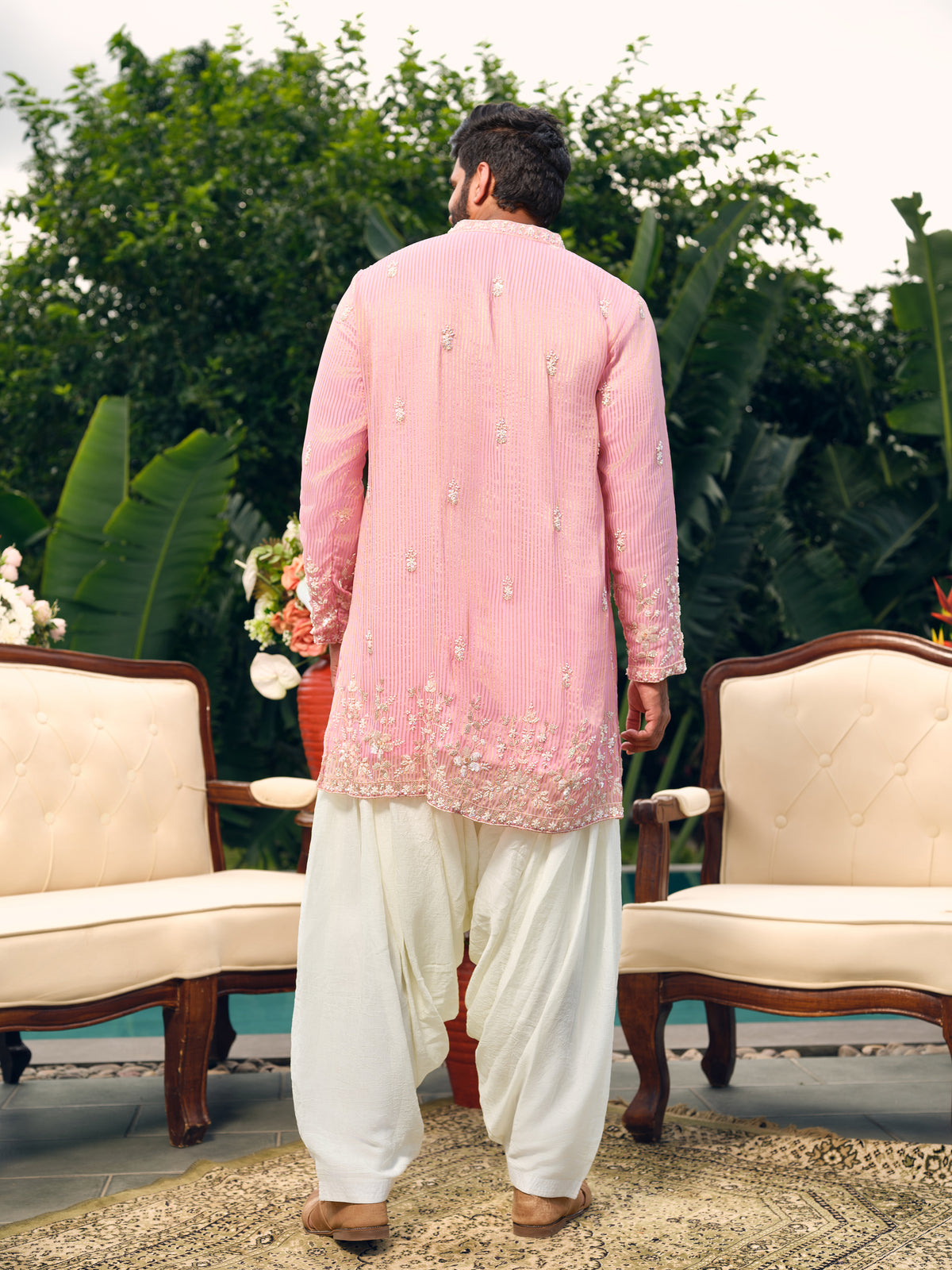 Pearl Pink Georgette Short Kurta Set with Bead Work