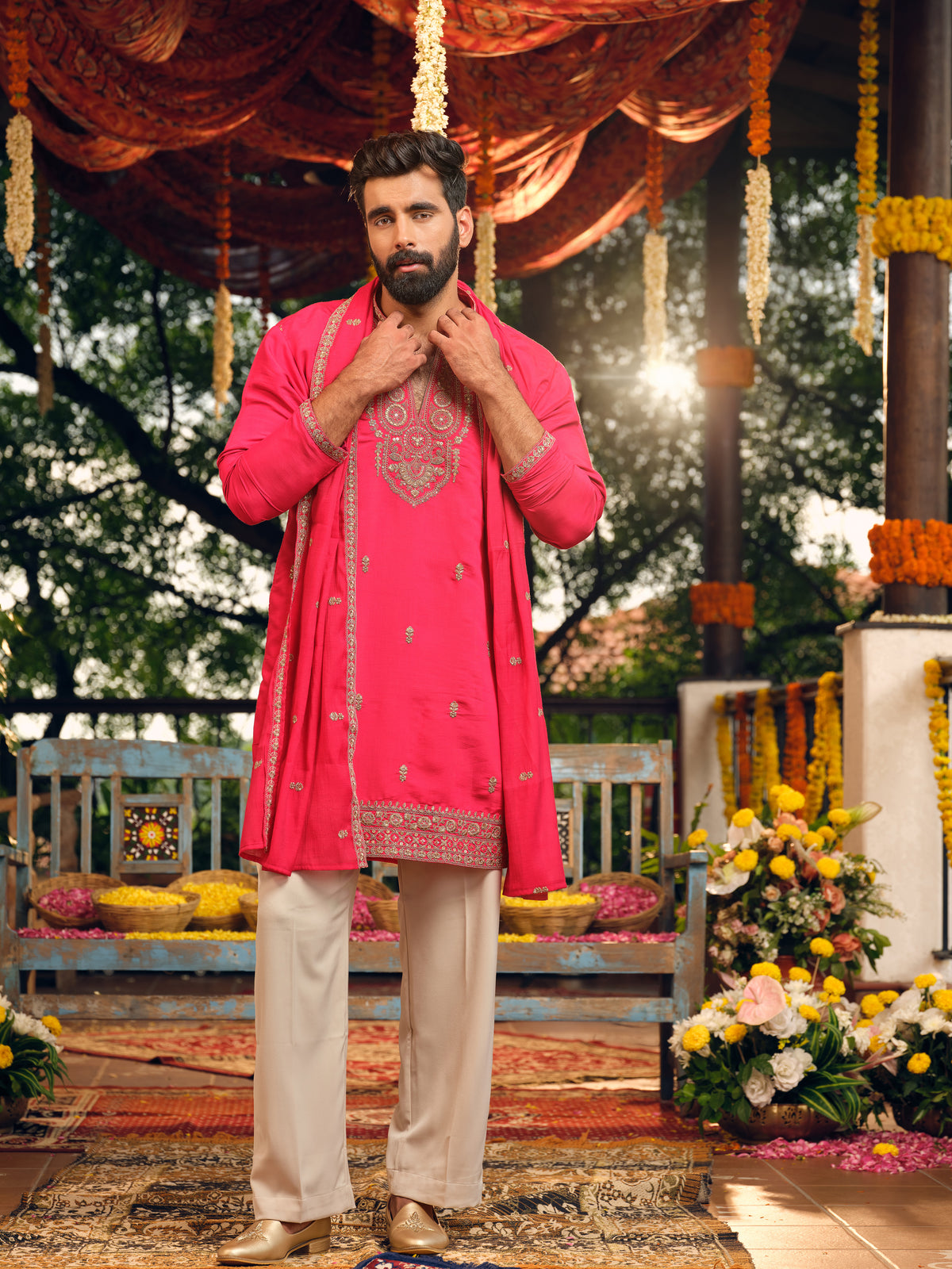 Rani Pink Silk Kurta Dupatta Set with Embroidery
