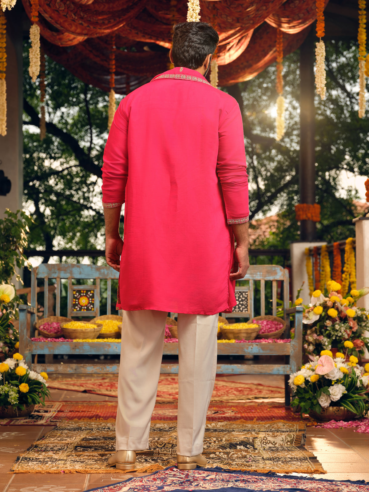 Rani Pink Silk Kurta Dupatta Set with Embroidery