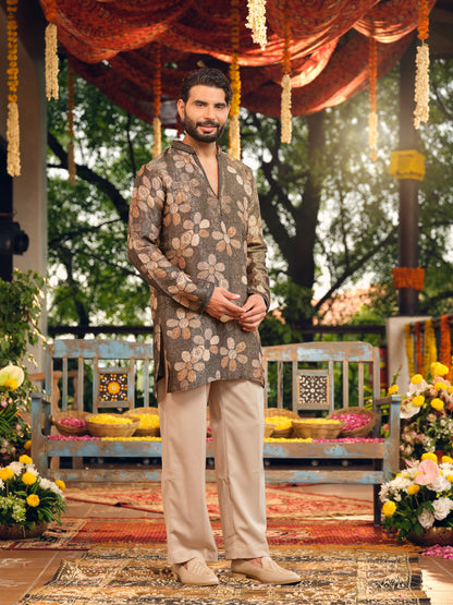 Mocha Bloom Self Jacquard Short Kurta Set