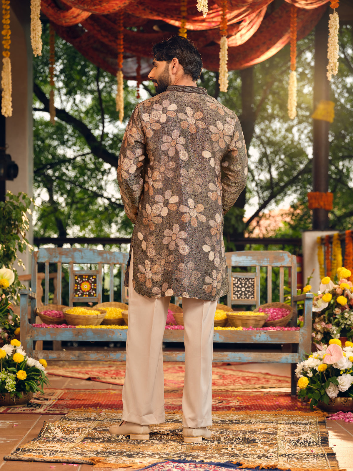 Mocha Bloom Self Jacquard Short Kurta Set