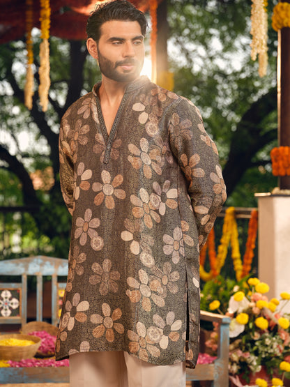 Mocha Bloom Self Jacquard Short Kurta Set