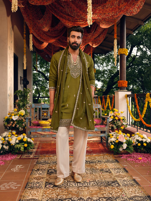 Mehfil Green Silk Kurta Dupatta Set with Embroidery