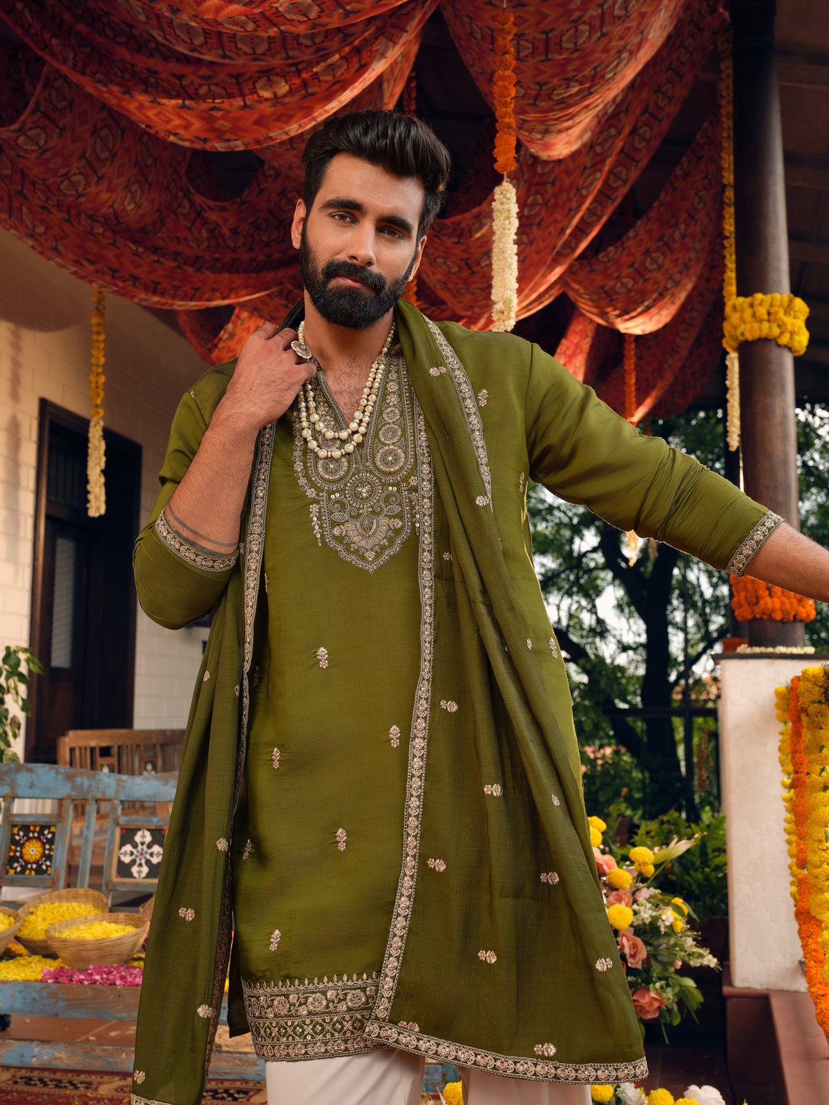 Mehfil Green Silk Kurta Dupatta Set with Embroidery