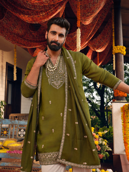 Mehfil Green Silk Kurta Dupatta Set with Embroidery