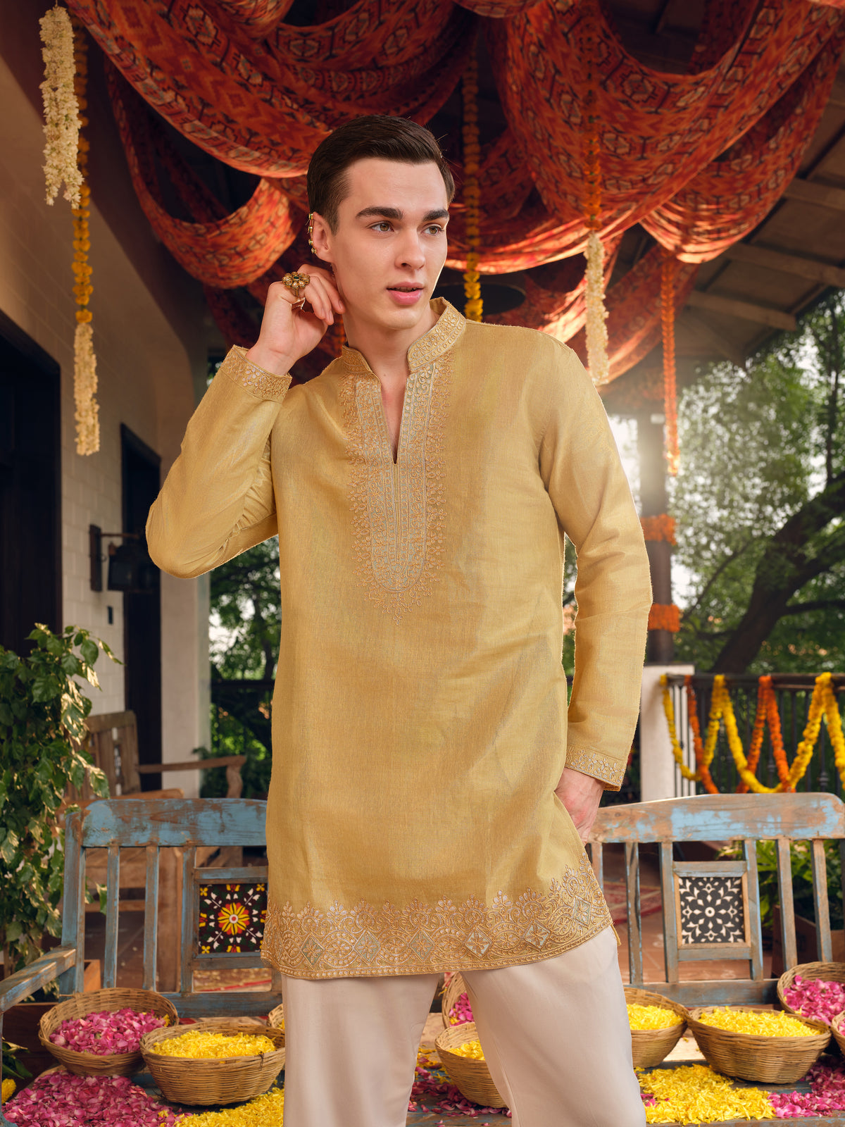 Royal Sunshine Jacquard Short Kurta Set with Gotta Patti Work