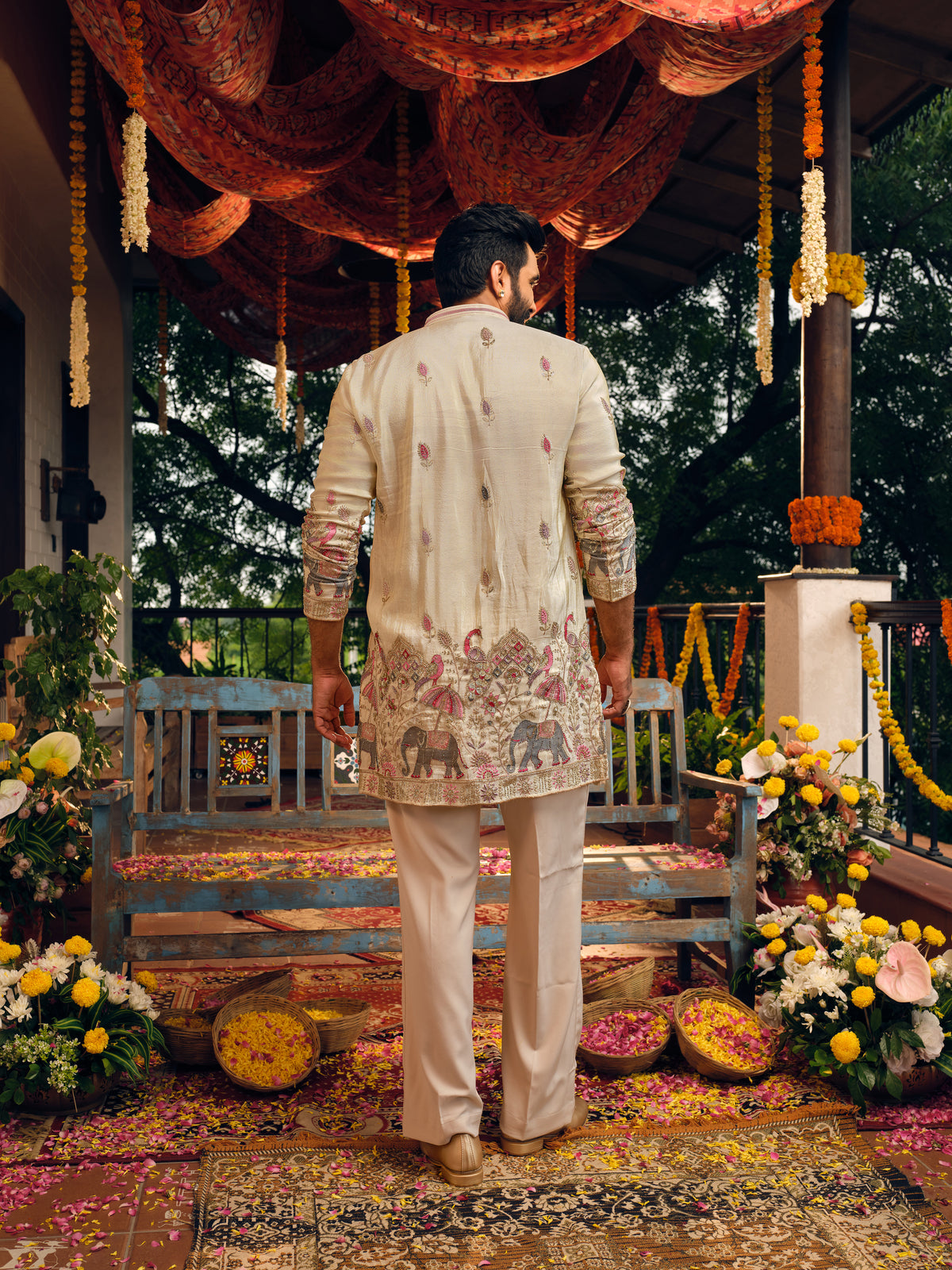 Cream Tissue Silk Short Kurta Set with Beads and Embroidery