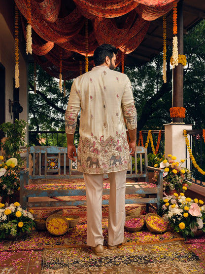 Cream Tissue Silk Short Kurta Set with Beads and Embroidery