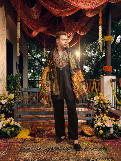 Black Tiger Silk Kurta Dupatta Set with Position Print