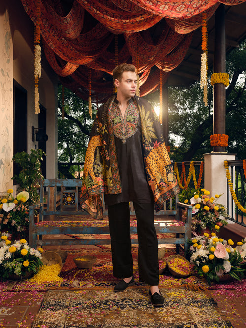 Black Tiger Silk Kurta Dupatta Set with Position Print