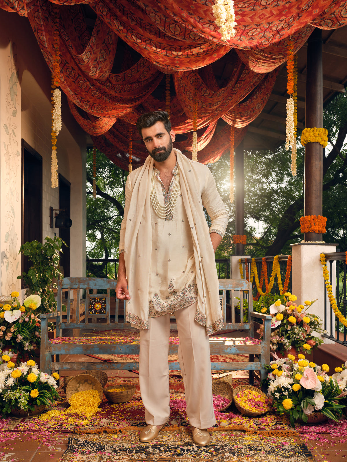 Almond Cream Silk Kurta Dupatta Set with Embroidery