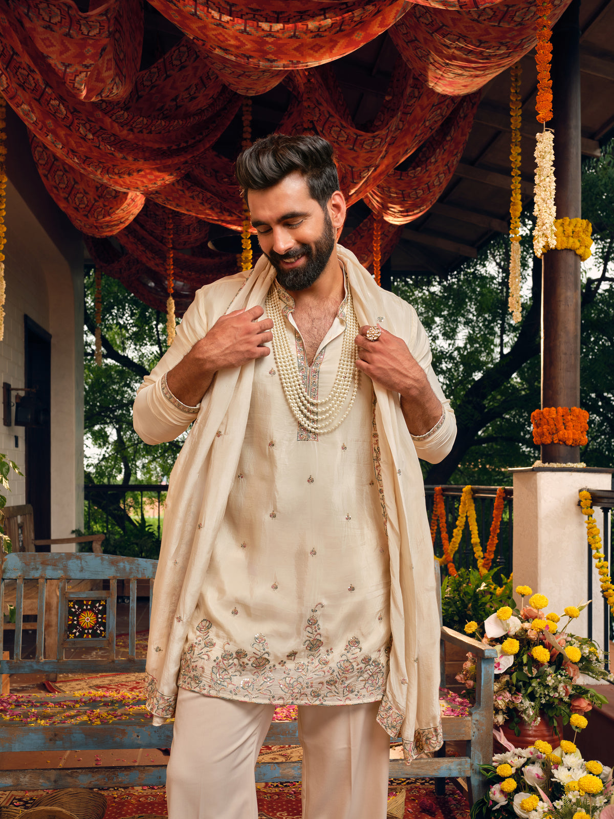 Almond Cream Silk Kurta Dupatta Set with Embroidery