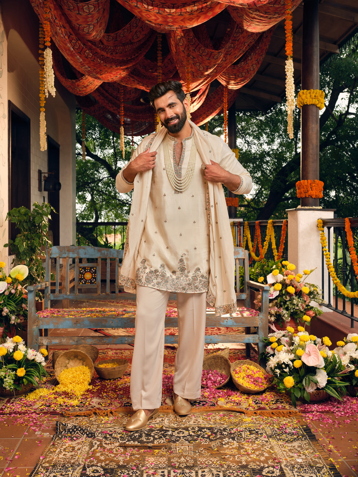 Almond Cream Silk Kurta Dupatta Set with Embroidery
