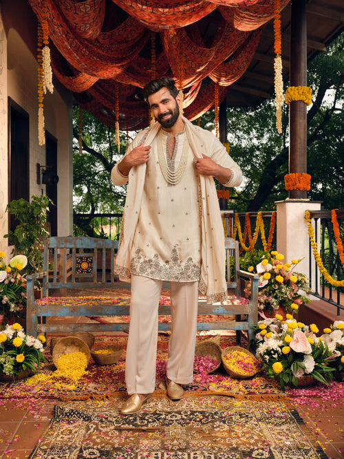 Almond Cream Silk Kurta Dupatta Set with Embroidery