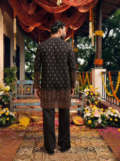 Black Georgette Short Kurta Set with Thread & Sequins Embroidery