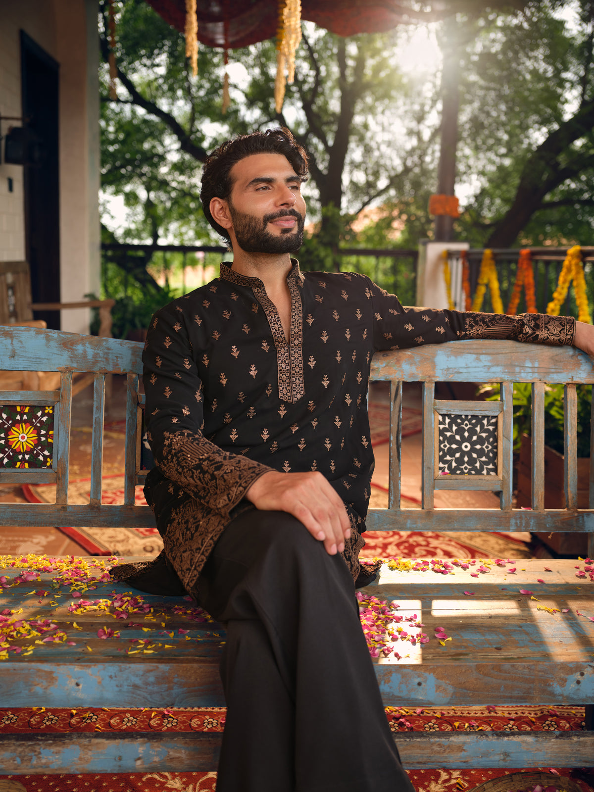 Black Georgette Short Kurta Set with Thread & Sequins Embroidery