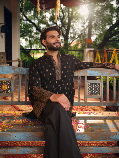 Black Georgette Short Kurta Set with Thread & Sequins Embroidery