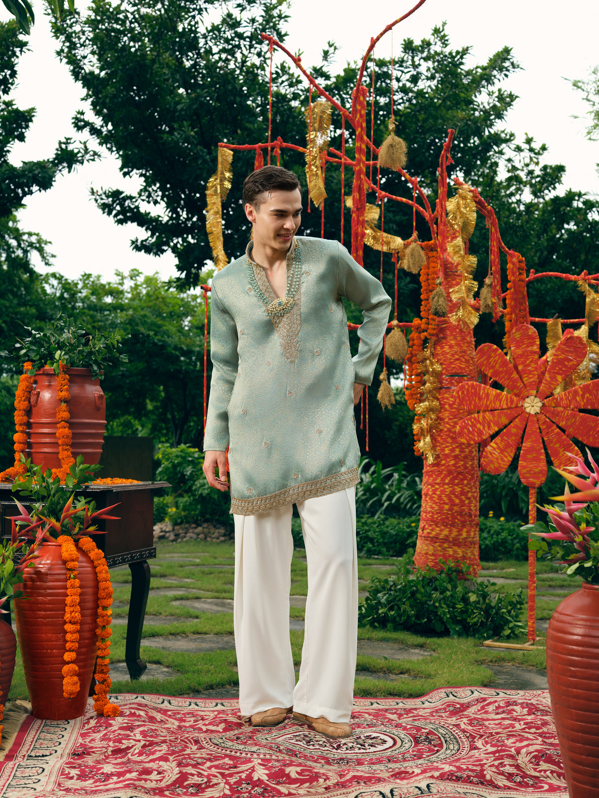 Pastel Mint Self Jacquard Short Kurta Set with Bead Work