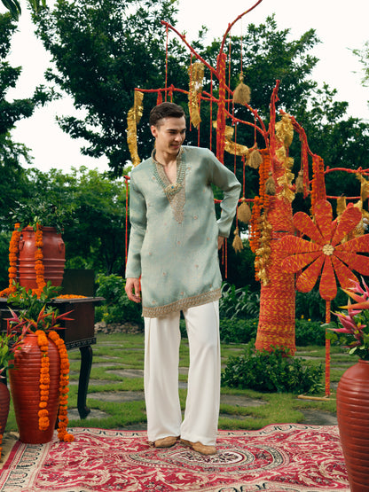 Pastel Mint Self Jacquard Short Kurta Set with Bead Work
