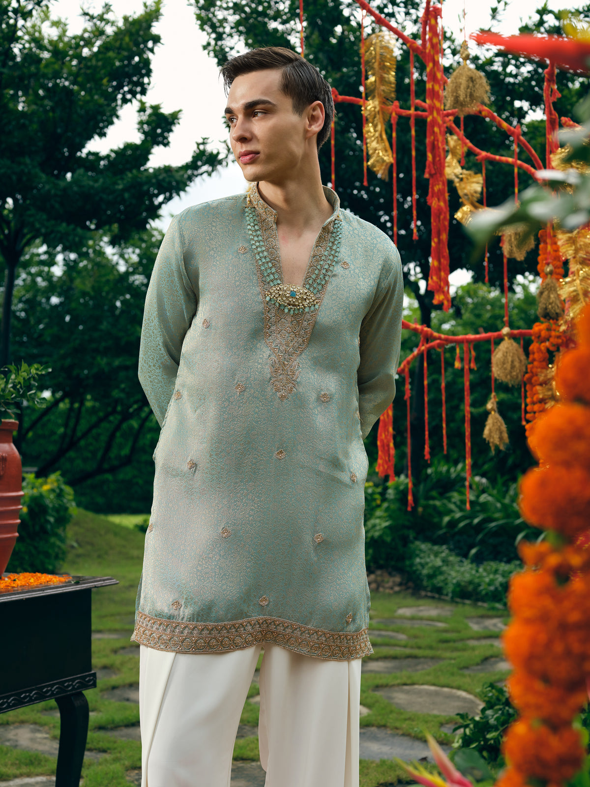 Pastel Mint Self Jacquard Short Kurta Set with Bead Work