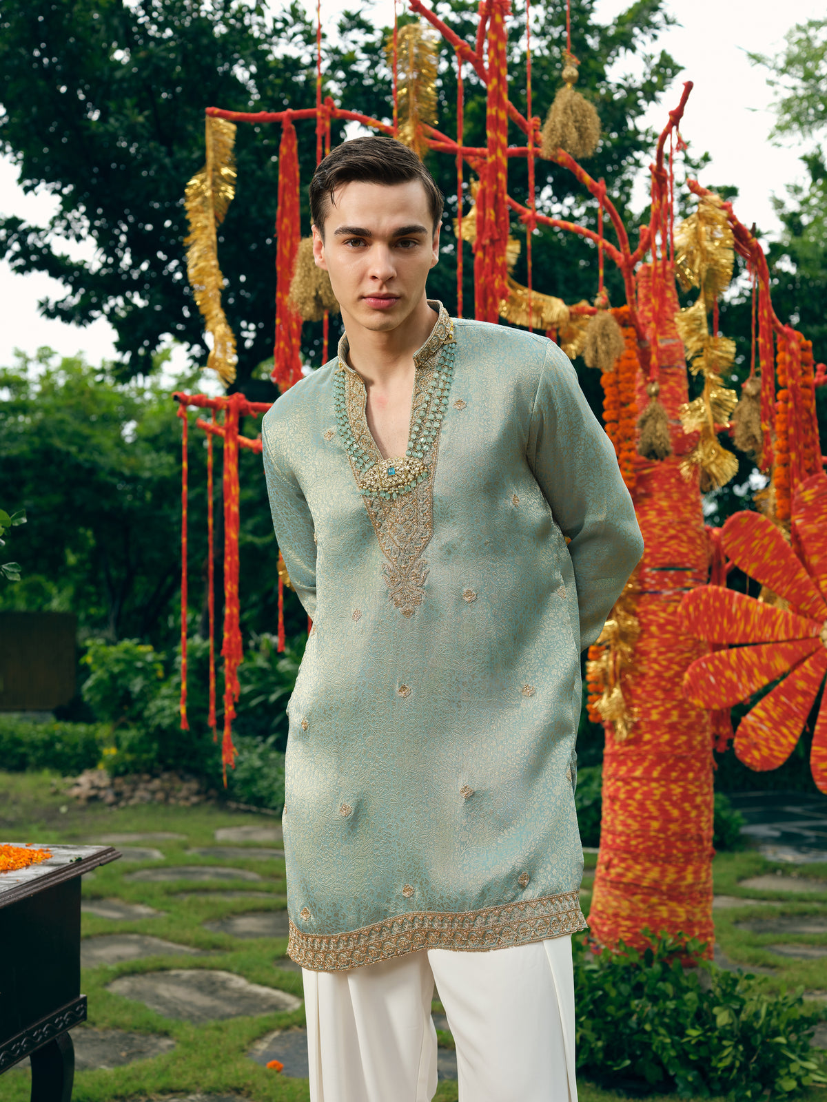Pastel Mint Self Jacquard Short Kurta Set with Bead Work