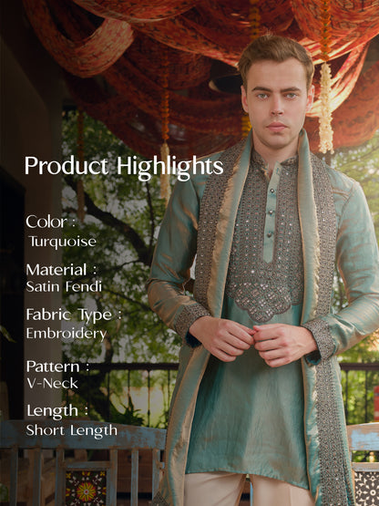 Turquoise Satin Fandi Kurta Dupatta Set with Sequins