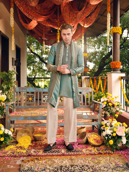 Turquoise Satin Fandi Kurta Dupatta Set with Sequins