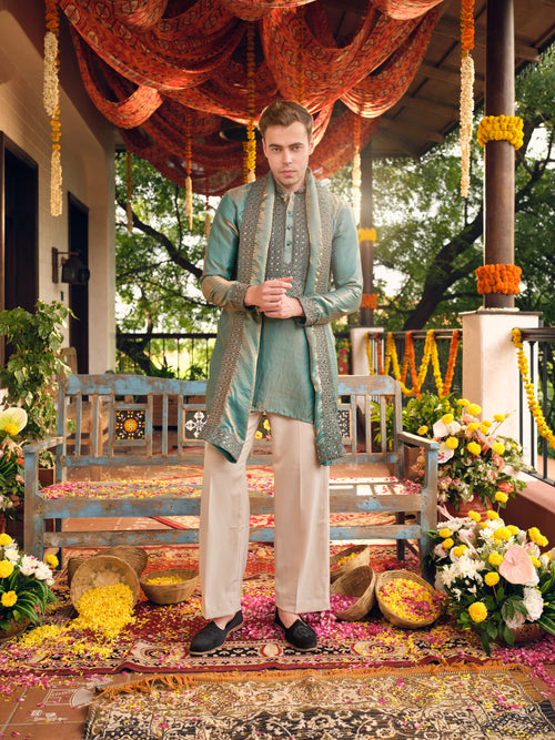 Turquoise Satin Fandi Kurta Dupatta Set with Sequins