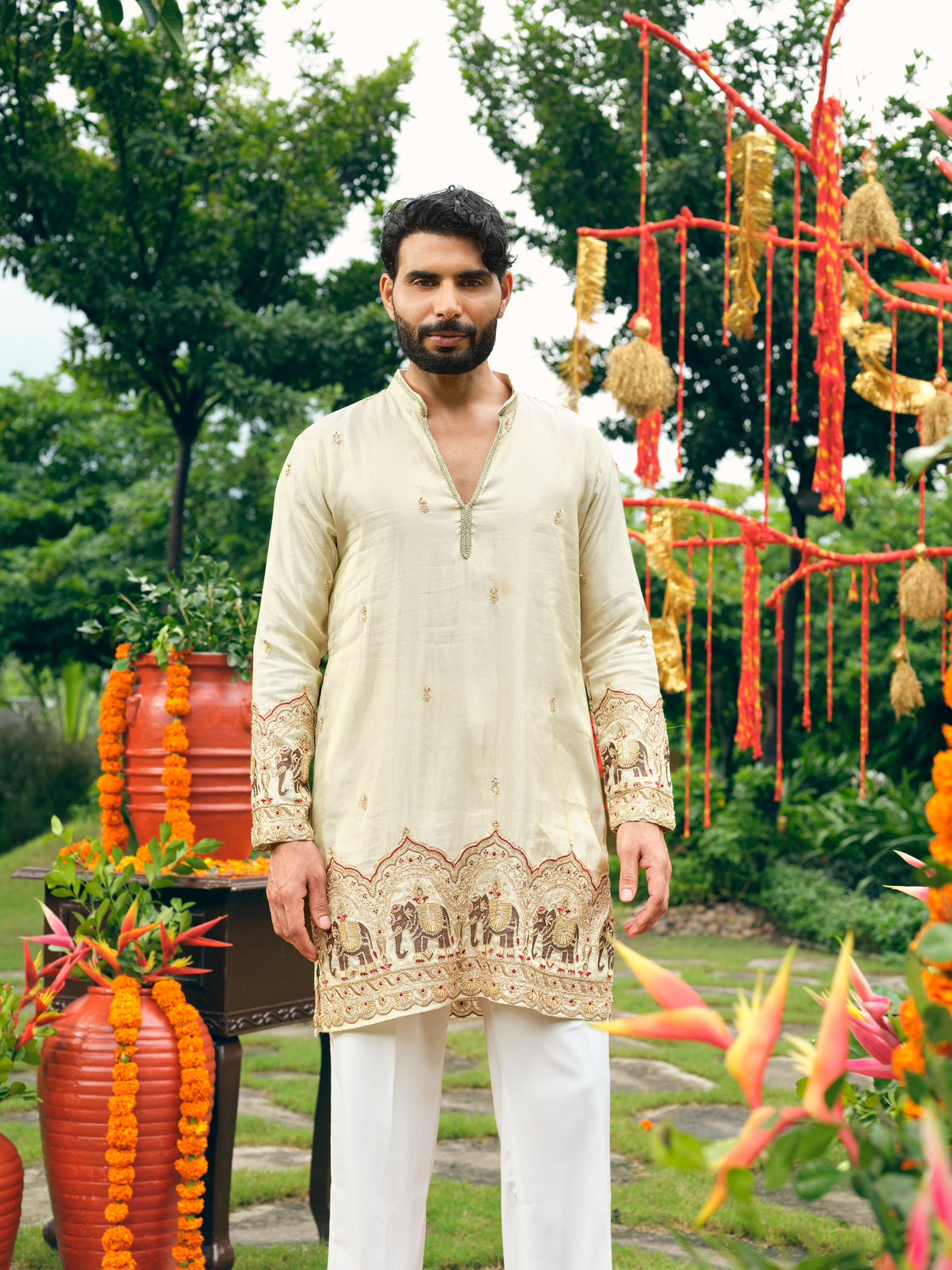 Cream Tissue Silk Short Kurta Set with Bead Work