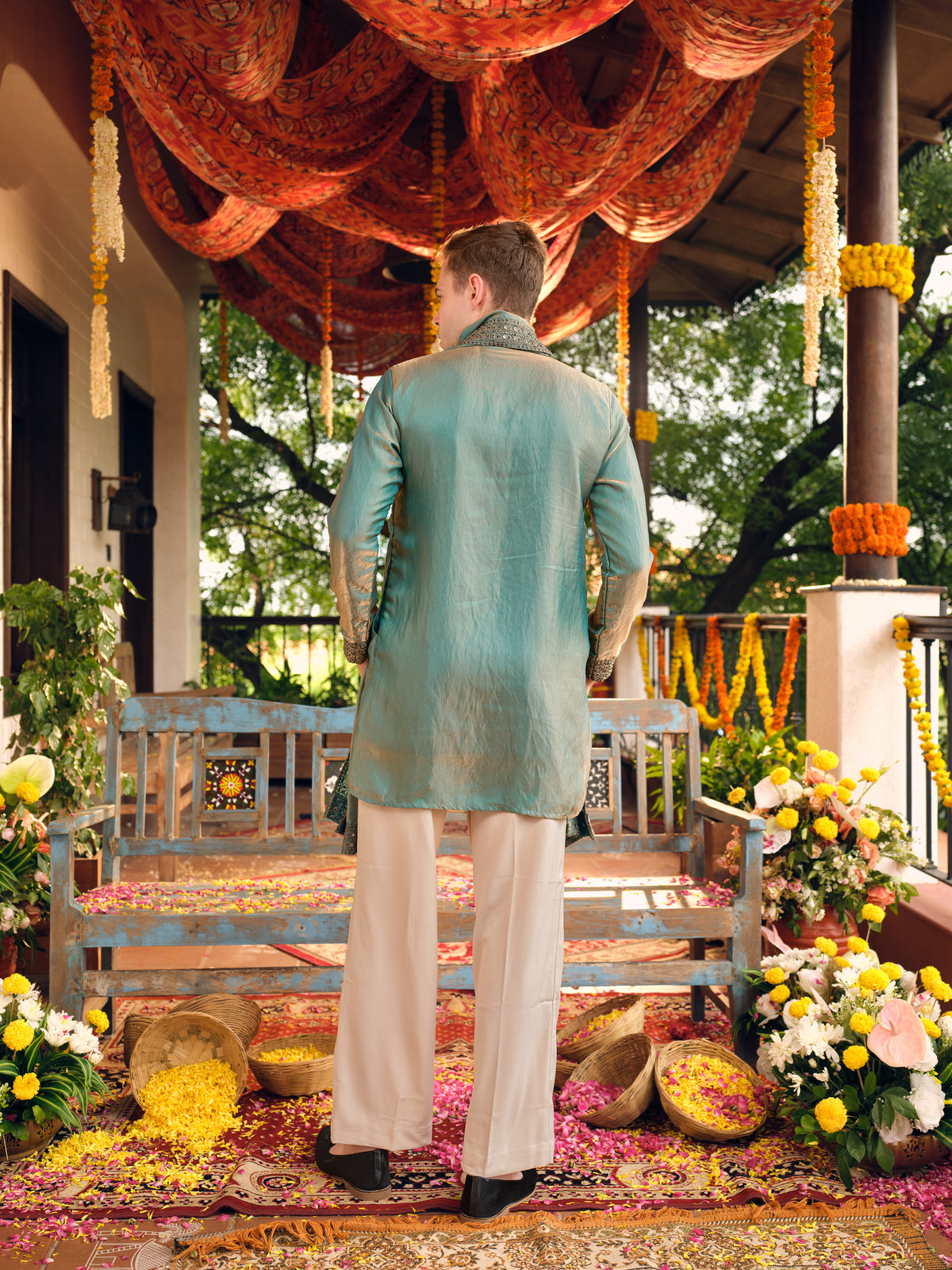 Turquoise Satin Fandi Kurta Dupatta Set with Sequins