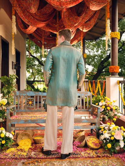 Turquoise Satin Fandi Kurta Dupatta Set with Sequins
