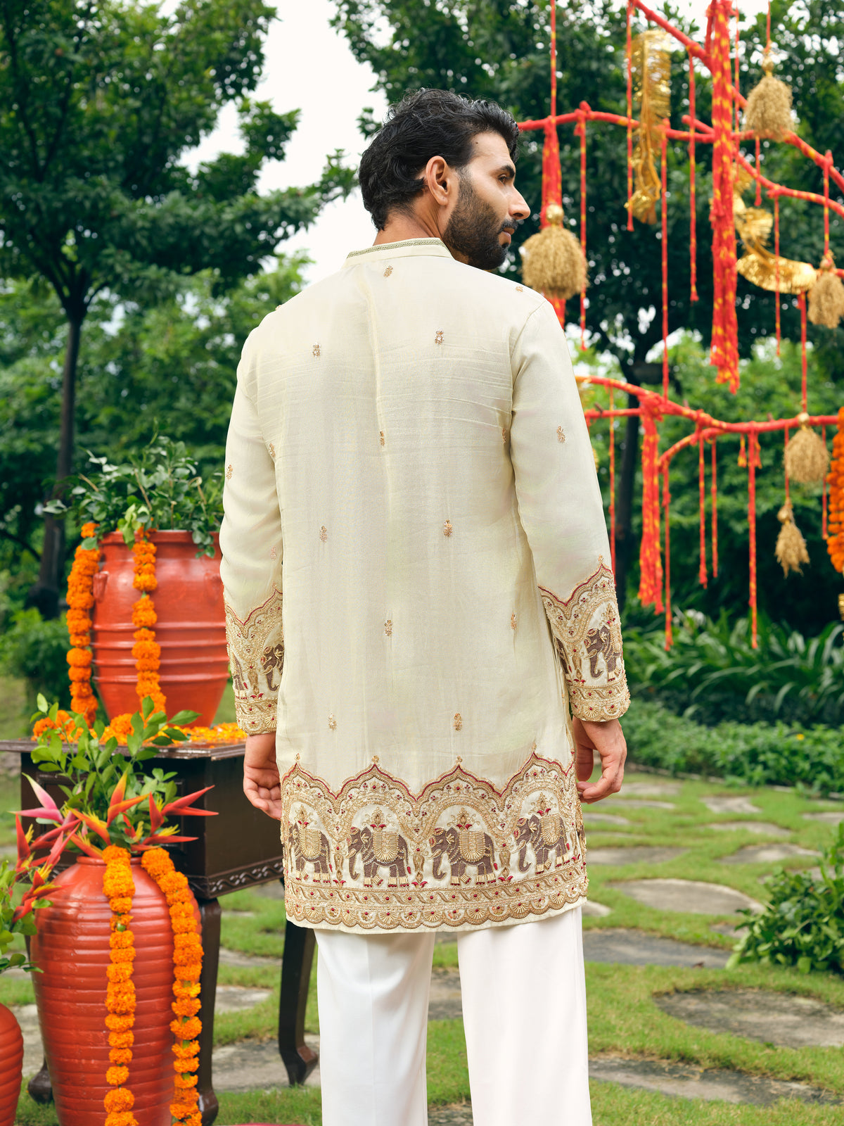 Cream Tissue Silk Short Kurta Set with Bead Work