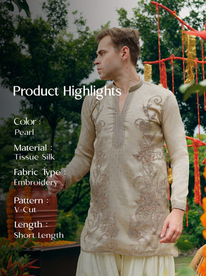 Pearl Tissue Silk Short Kurta Set with Embroidery and Bead Work
