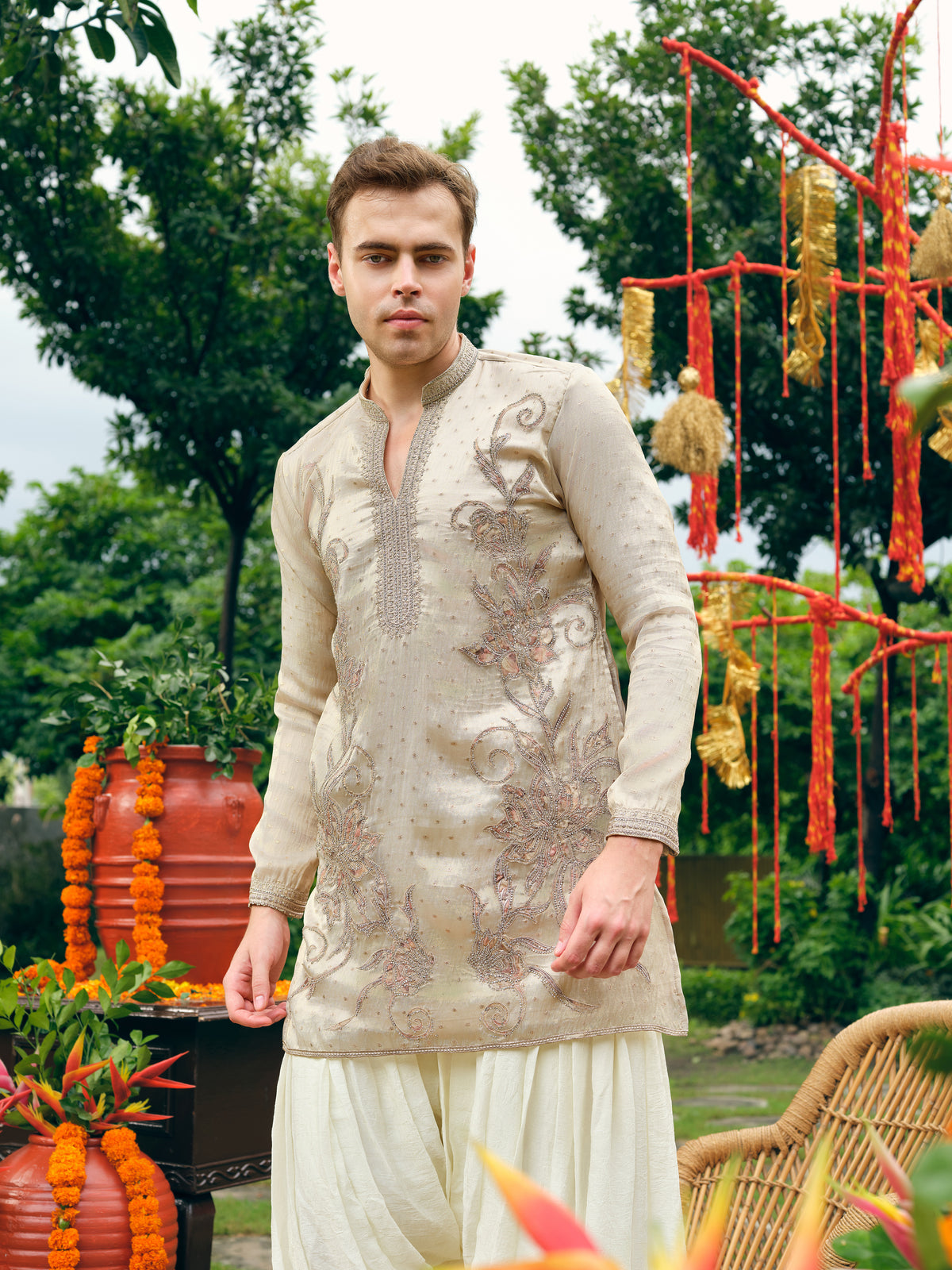 Pearl Tissue Silk Short Kurta Set with Embroidery and Bead Work