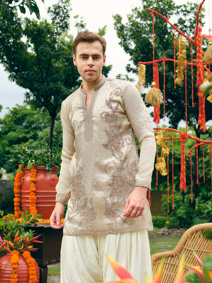 Pearl Tissue Silk Short Kurta Set with Embroidery and Bead Work