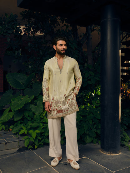 Pearl Cream Tissue Silk Short Kurta Set with Bead Work