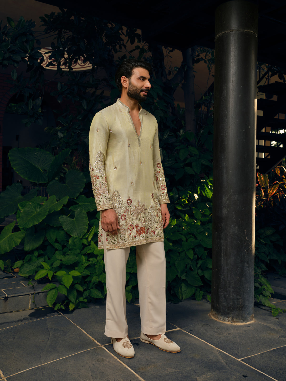 Pearl Cream Tissue Silk Short Kurta Set with Bead Work