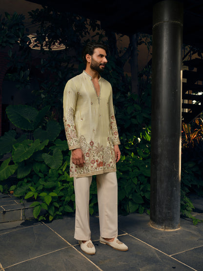 Pearl Cream Tissue Silk Short Kurta Set with Bead Work