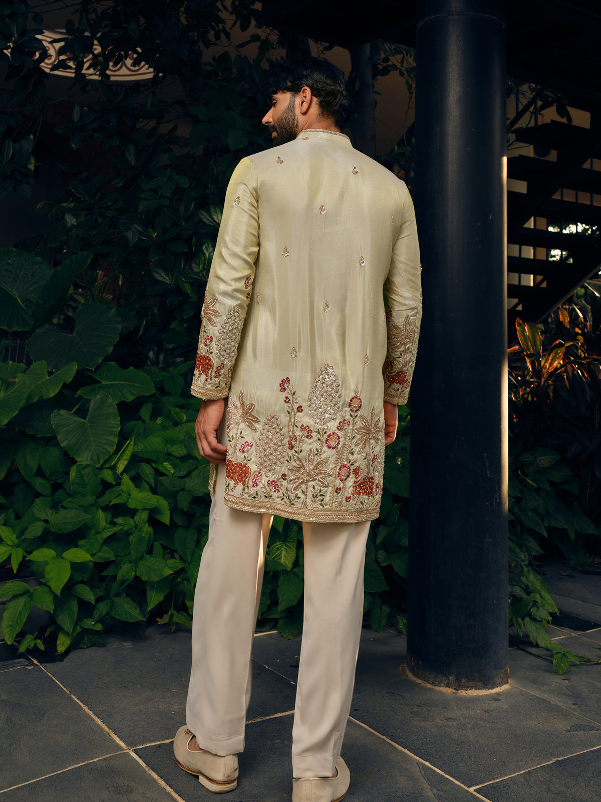 Pearl Cream Tissue Silk Short Kurta Set with Bead Work