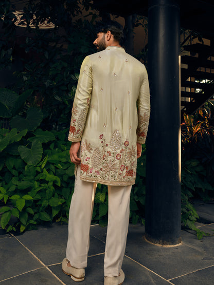 Pearl Cream Tissue Silk Short Kurta Set with Bead Work
