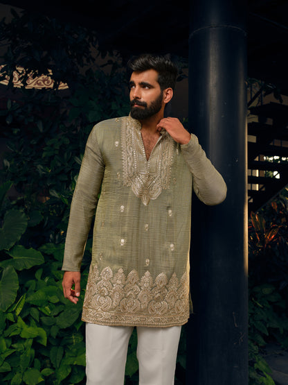 Royal Pistachio Crush Tissue Short Kurta Set with Golden Zari Embroidery