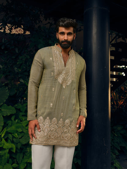 Royal Pistachio Crush Tissue Short Kurta Set with Golden Zari Embroidery