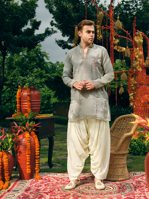 Dusty Blue Tissue Silk Short Kurta Set with Embroidery and Swarovski Work