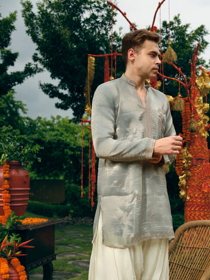Dusty Blue Tissue Silk Short Kurta Set with Embroidery and Swarovski Work