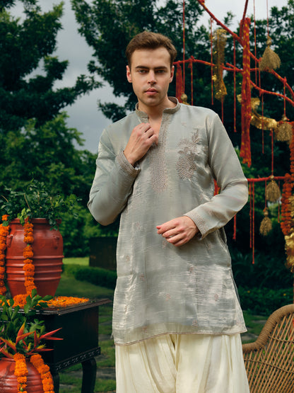 Dusty Blue Tissue Silk Short Kurta Set with Embroidery and Swarovski Work