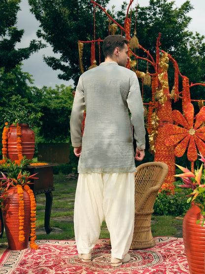 Dusty Blue Tissue Silk Short Kurta Set with Embroidery and Swarovski Work