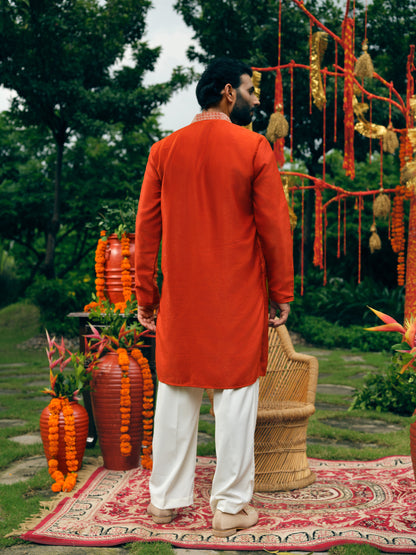 Bright Rust Korean Velvet Short Kurta Set with Silver Zari Embroidery