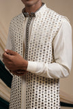 Off White Raw Silk With Mirror Work kurta Set With Jacket