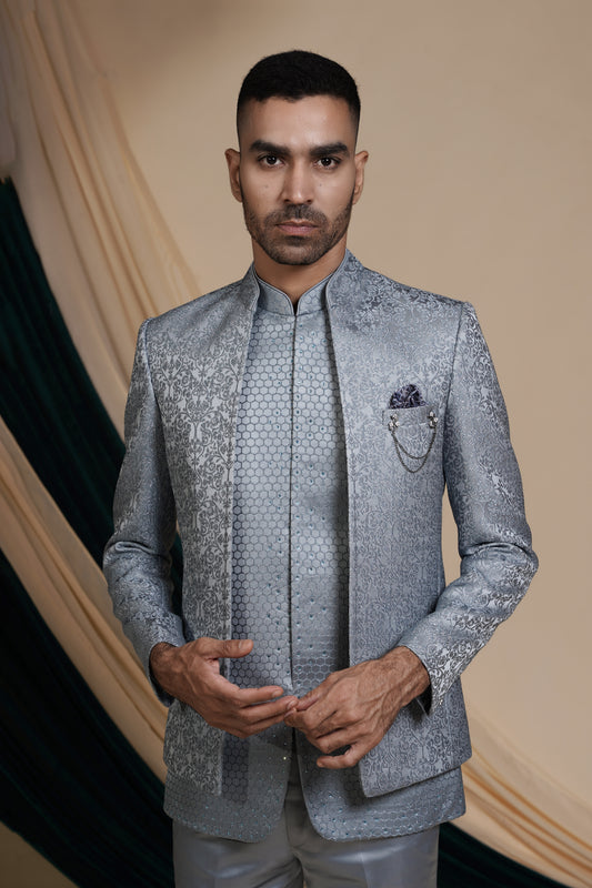 Carolina Blue Silk Satin 3 Piece Jodhpuri Set