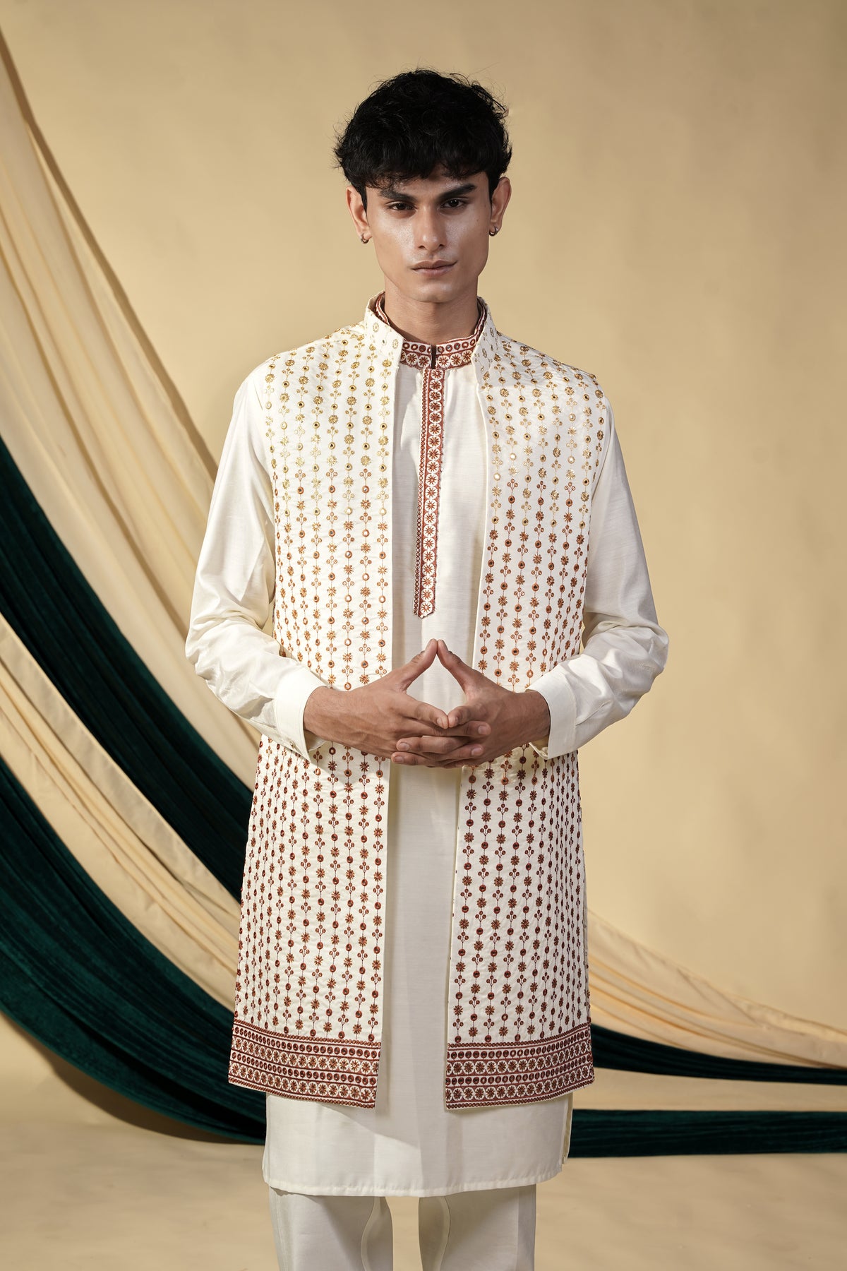 Off White Raw Silk With Mirror Work Embroidery In Orange Ombre Effect